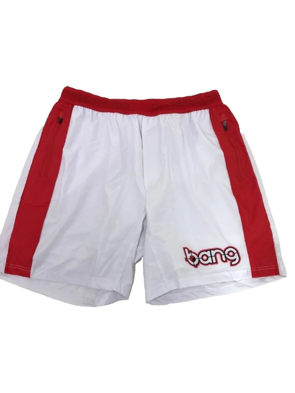 Bang Energy Drink Shorts White Red Running Elastic Waist Zip Pockets Mens XL